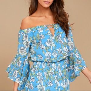 LuLu’s Off the Shoulder Blue Floral Romper